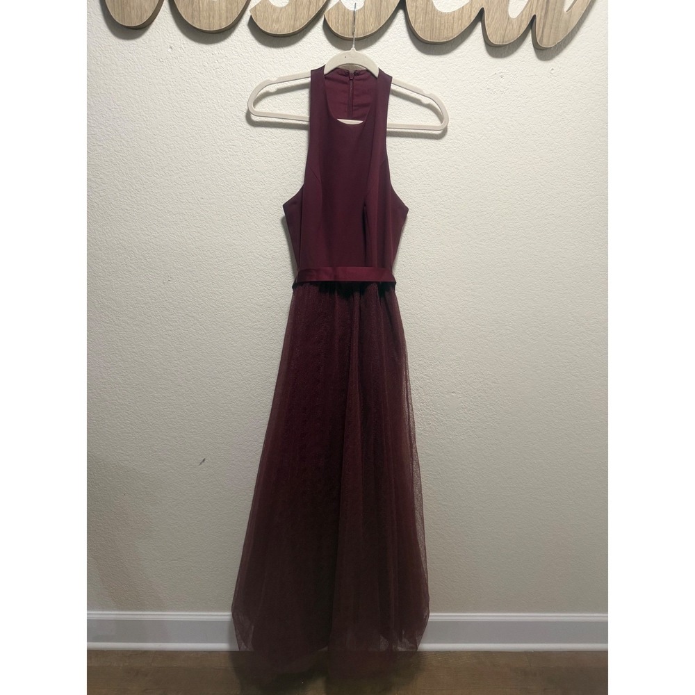 White by Vera Wang Burgundy Halter Tulle Gown Formal Bridesmaid Dress Size 4 - Picture 1 of 3